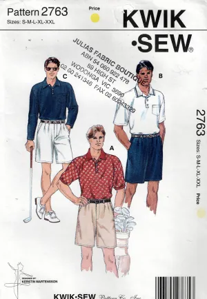 Kwik Sew 2763 Mens Pleated Shorts & Stretch Golf Shirts 1990s Vintage Sewing Pattern Size S - XXL UNCUT Factory Folded