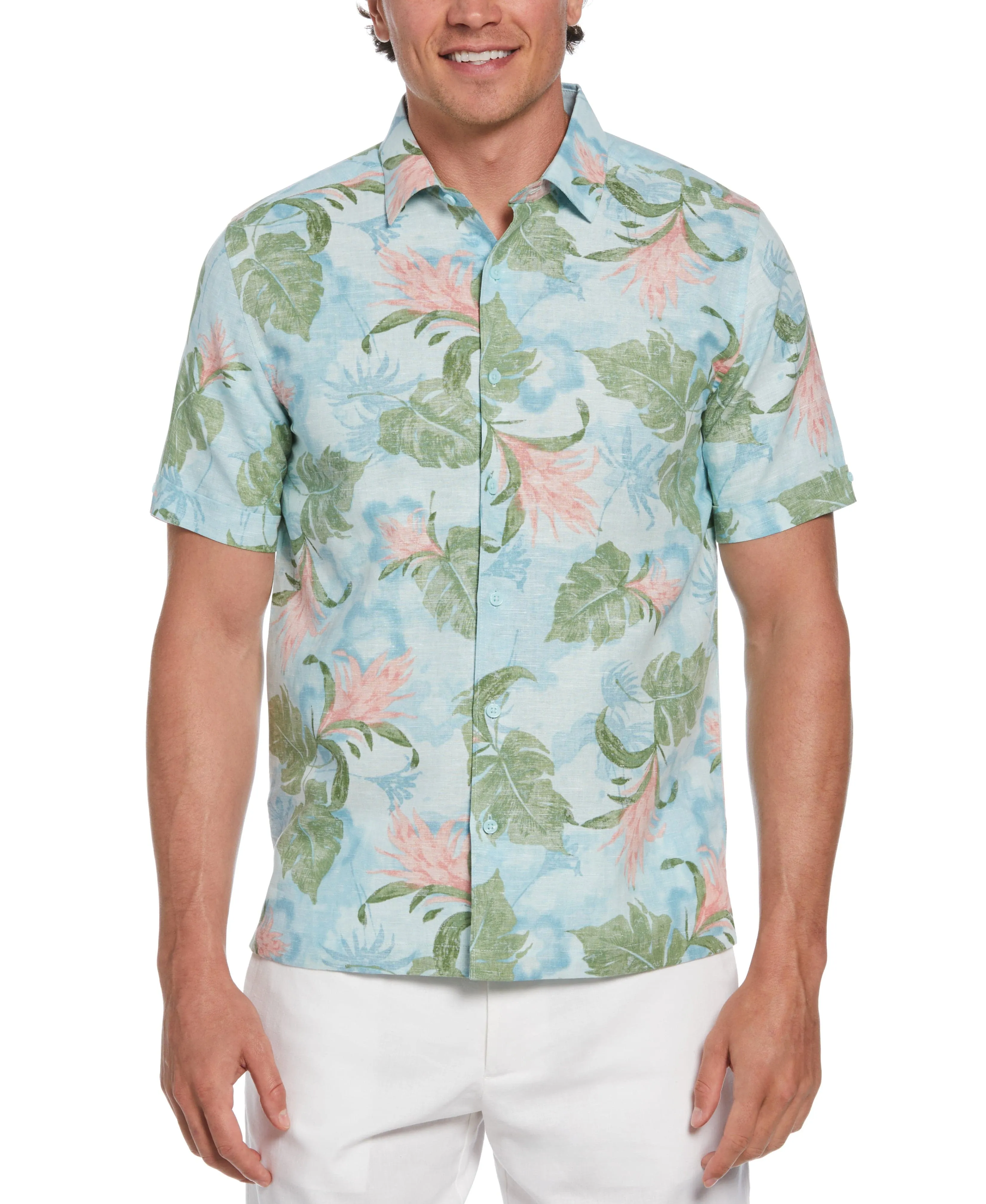 Linen Blend Tropical Floral Print Shirt
