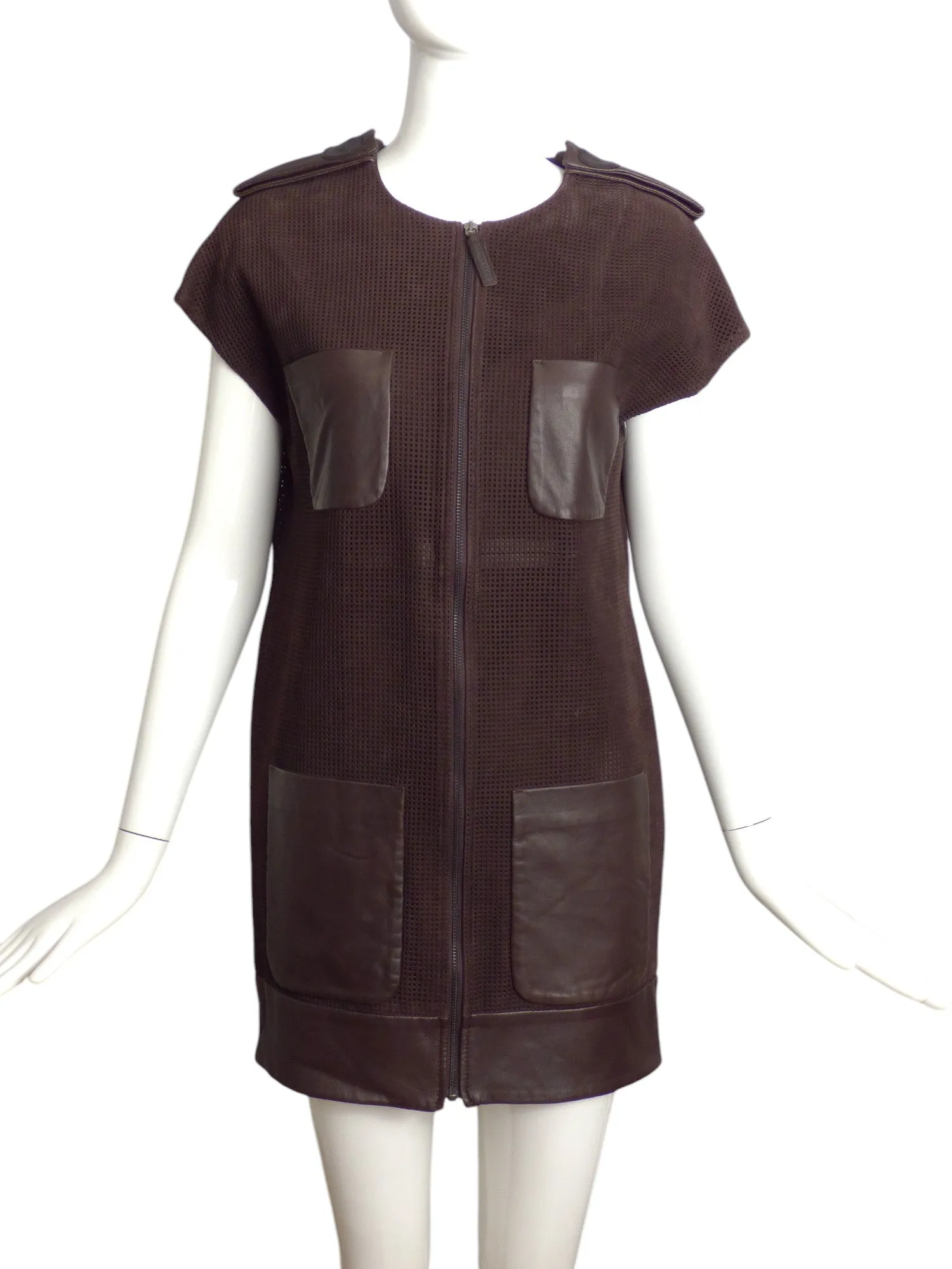 LONGCHAMP- Brown Perforated Leather Vest, Size 8