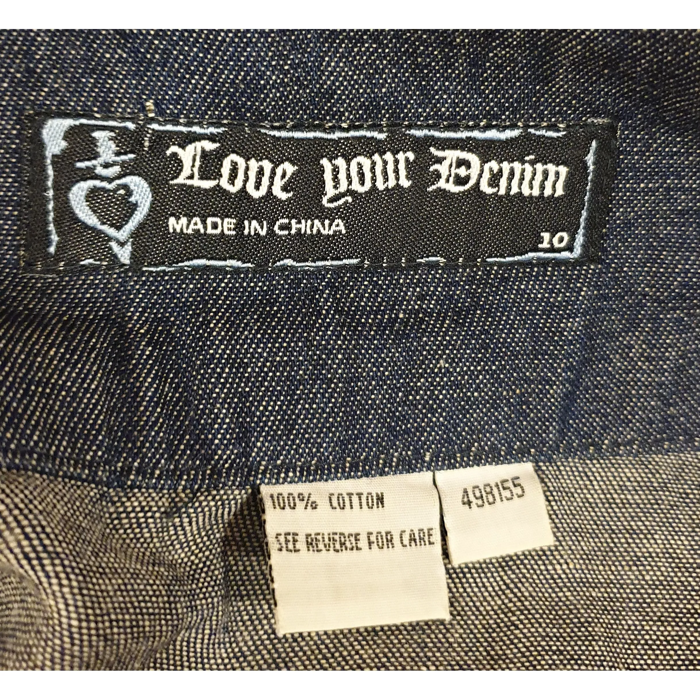 Love Your Denim denim skirt with pretty white geometrical pattern size 10