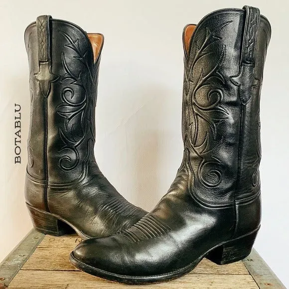 LUCCHESE Classics Handmade Vintage Black Leather Cowboy Western Boots