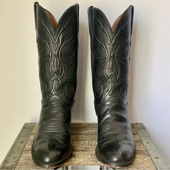 LUCCHESE Classics Handmade Vintage Black Leather Cowboy Western Boots