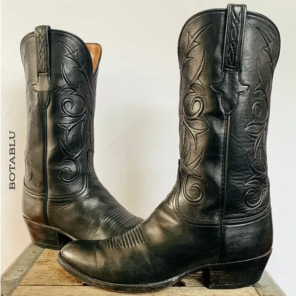 LUCCHESE Classics Handmade Vintage Black Leather Cowboy Western Boots