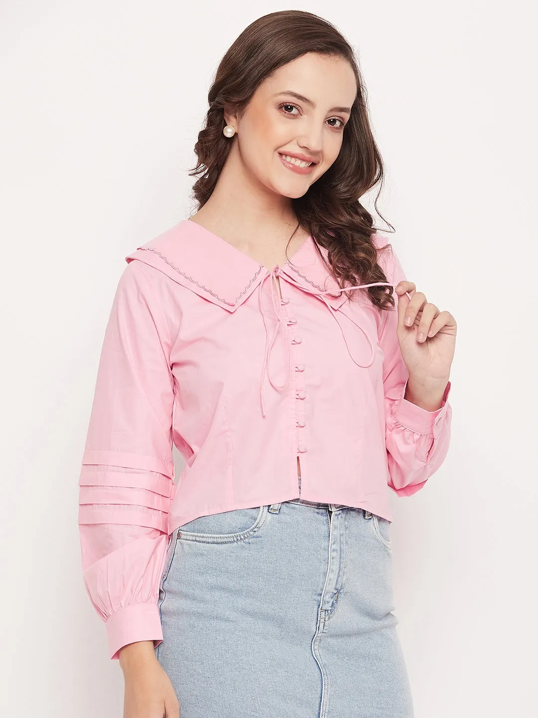 Madame Peter Pan Collar Baby Pink Tie-Up Neck Shirt
