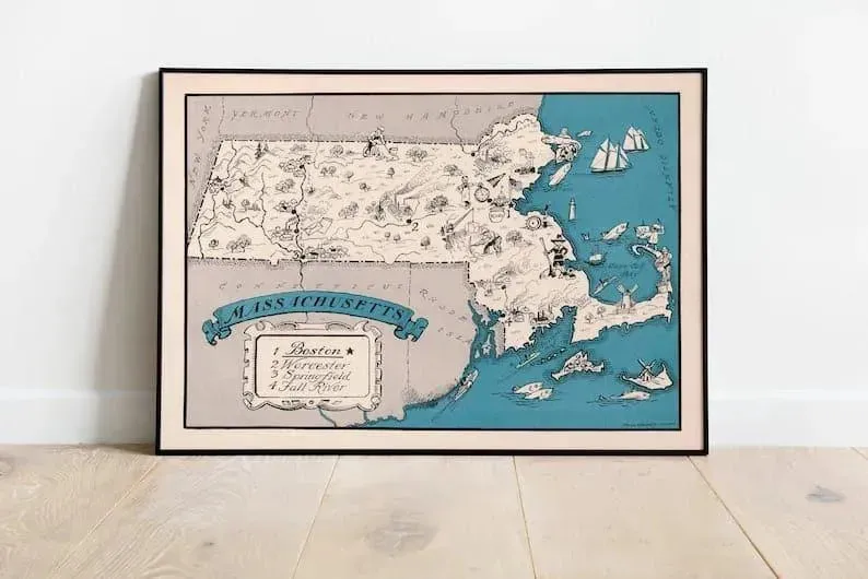 Map of State of Massachusetts| Vintage Massachusetts Map Print