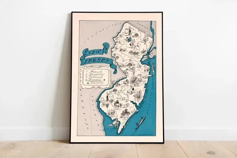 Map of State of New Jersey| Vintage New Jersey Map Print