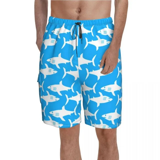 Men Swimwear Swim Shorts: Shark Pattern in blue/white