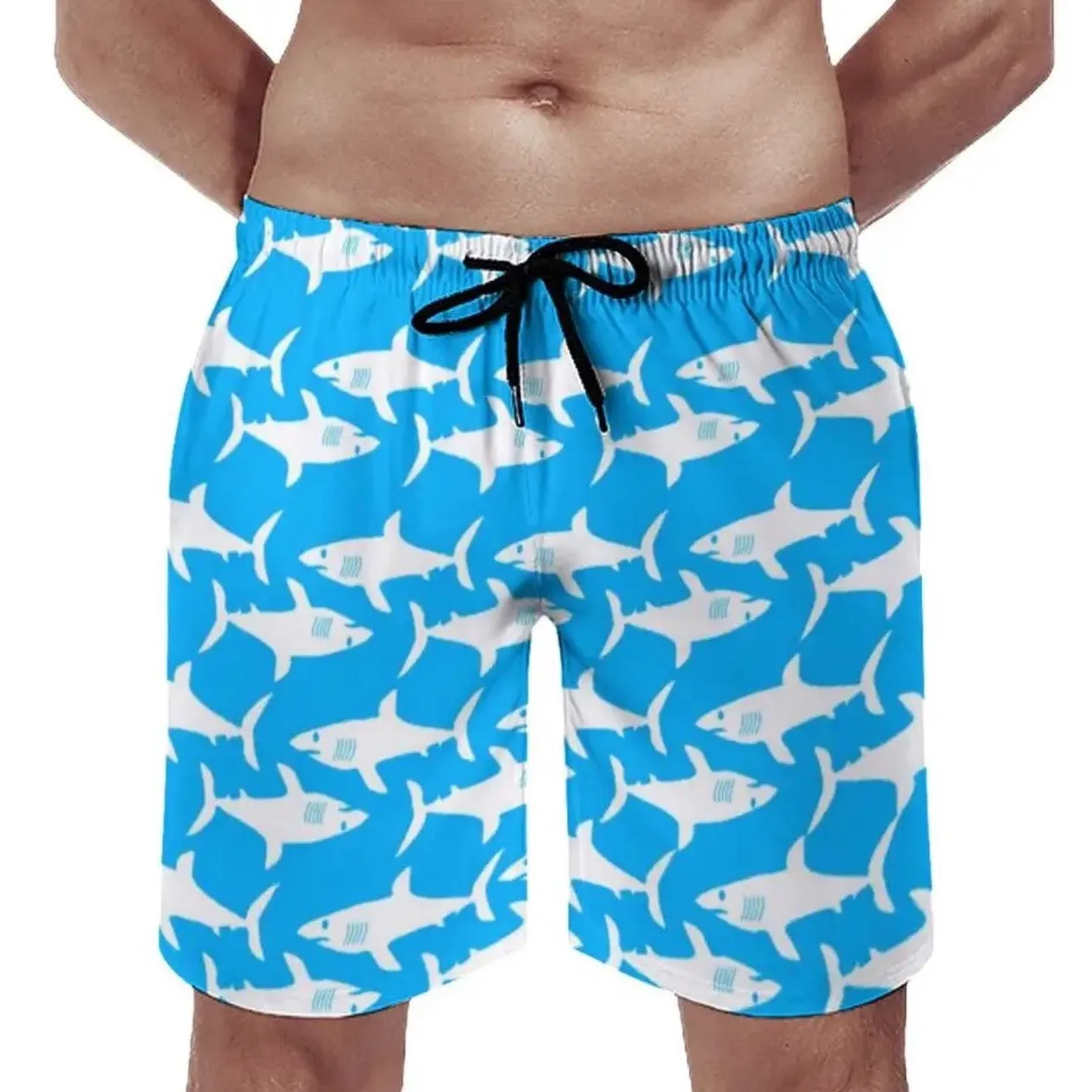 Men Swimwear Swim Shorts: Shark Pattern in blue/white