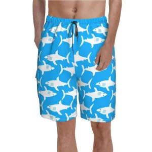 Men Swimwear Swim Shorts: Shark Pattern in blue/white