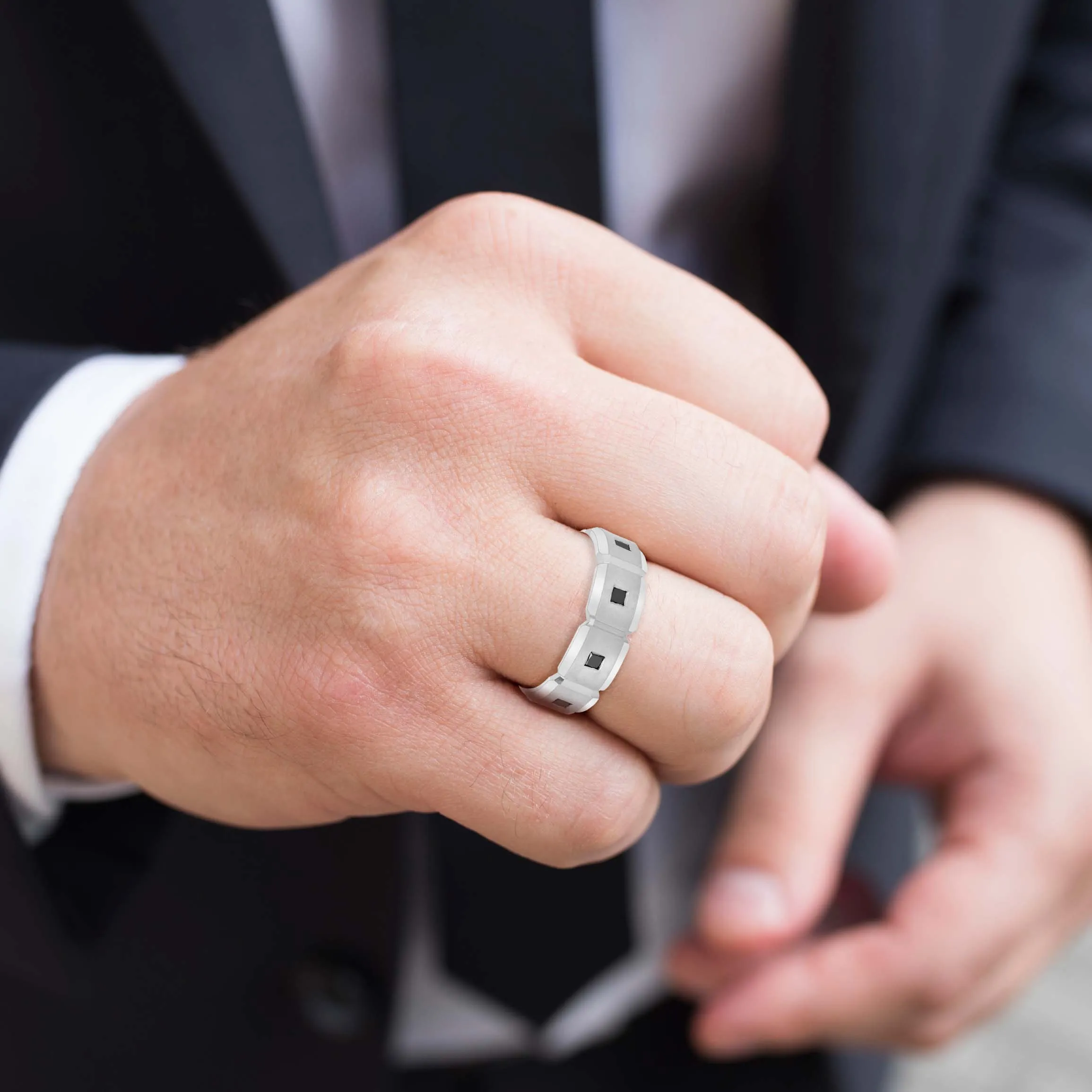 Men's Black Diamond Brick Squared Accented Wedding Band