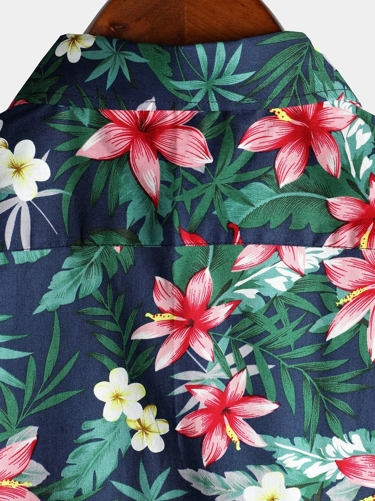 Men's Blue Tropical Floral Print Holiday Cotton Shirt