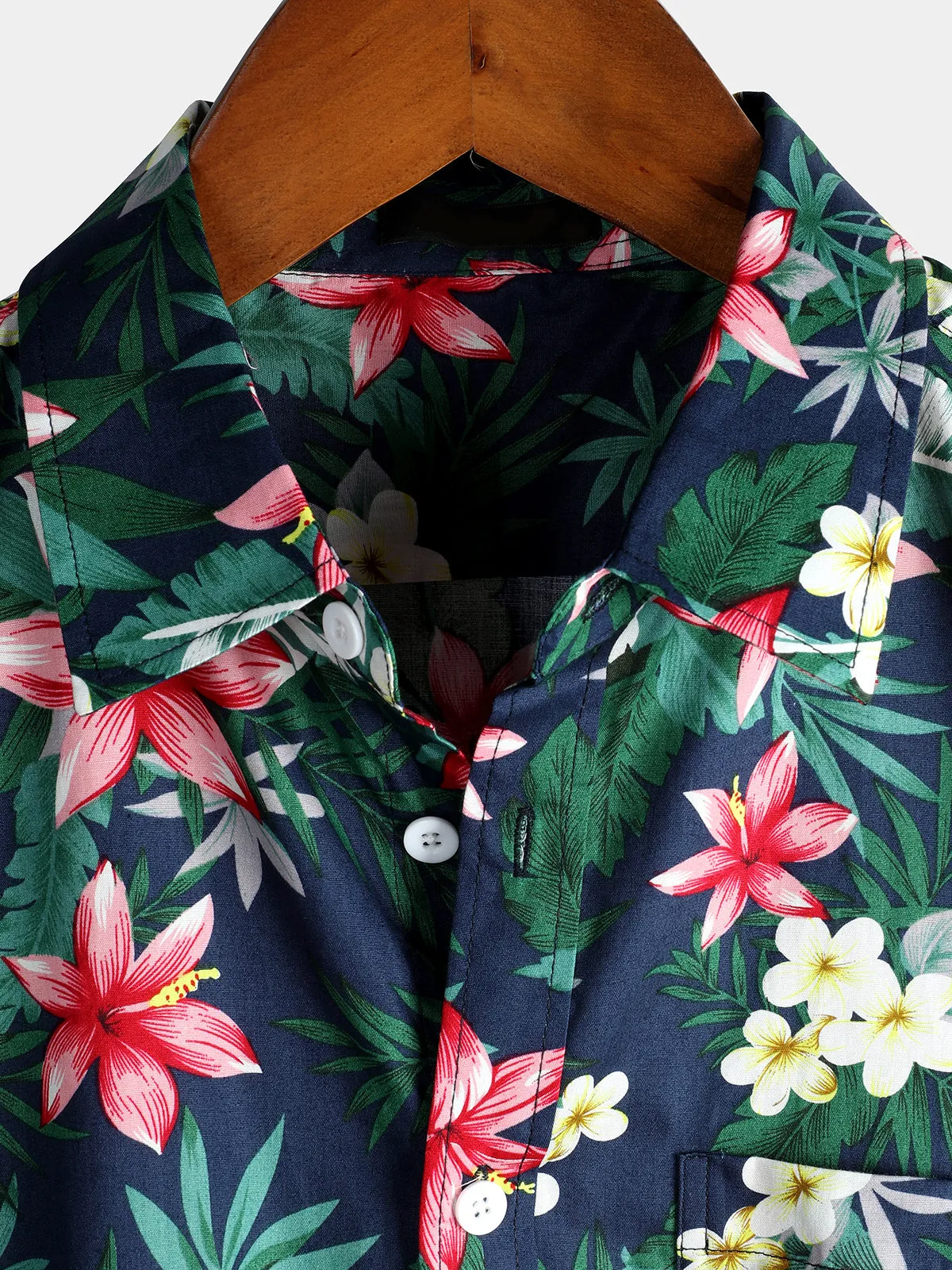 Men's Blue Tropical Floral Print Holiday Cotton Shirt