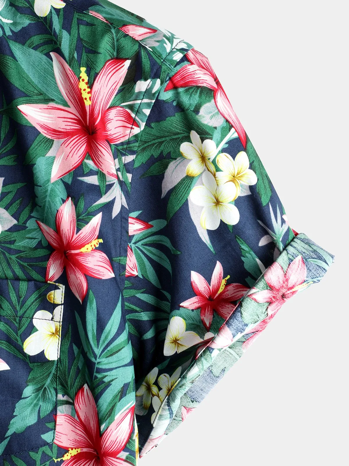 Men's Blue Tropical Floral Print Holiday Cotton Shirt