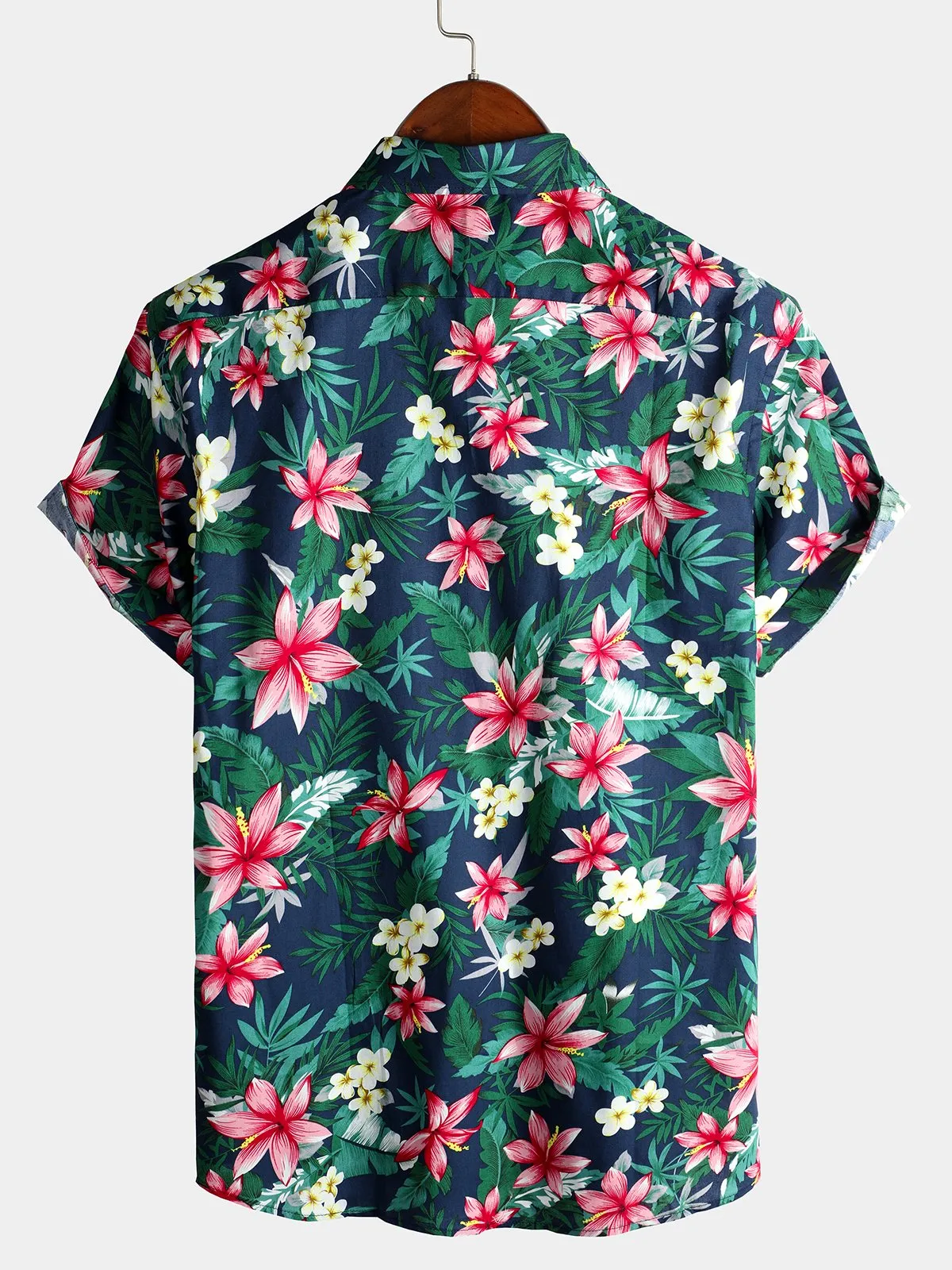 Men's Blue Tropical Floral Print Holiday Cotton Shirt