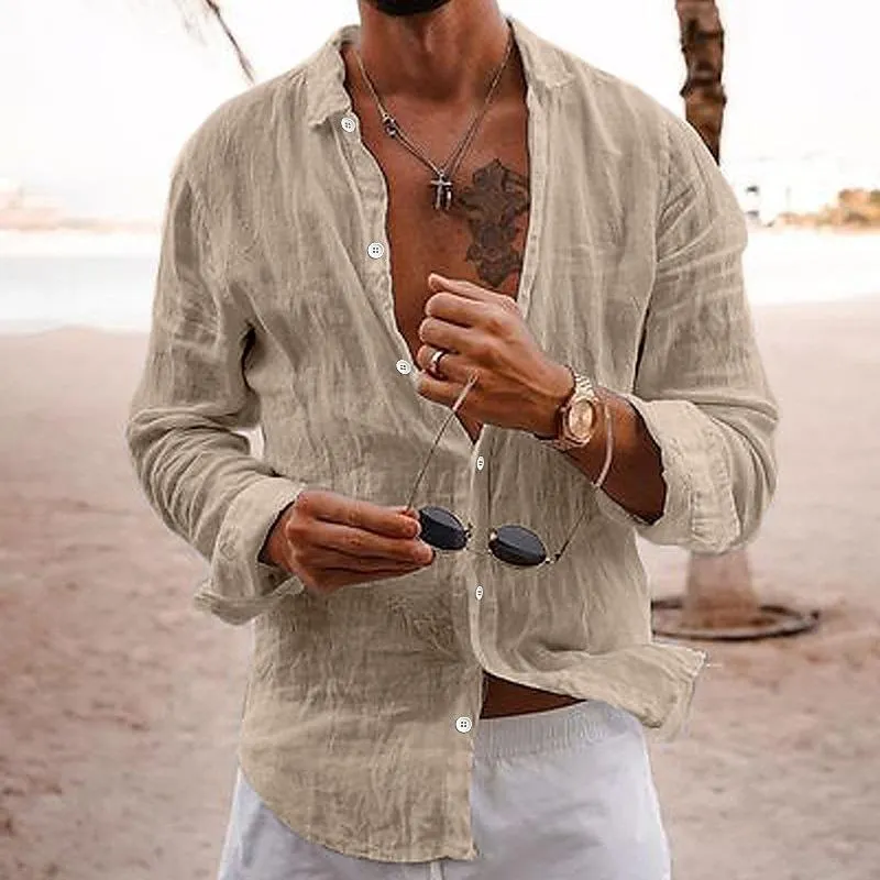 Men's Casual Solid Color Lapel Cotton Linen Long-Sleeved Shirt