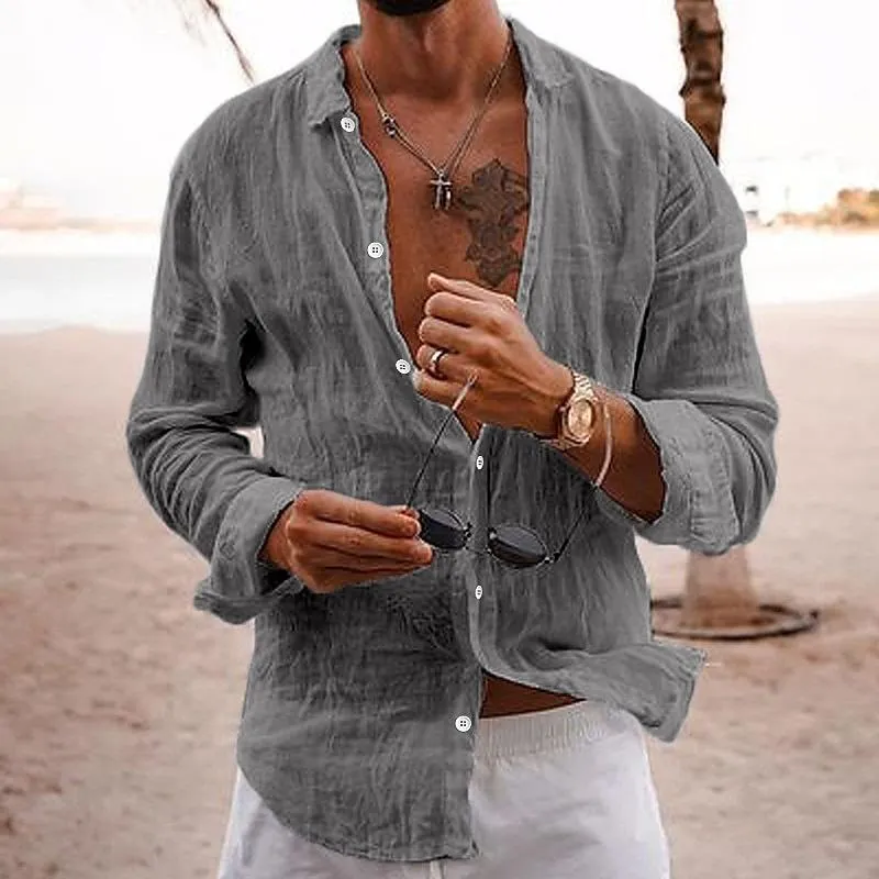 Men's Casual Solid Color Lapel Cotton Linen Long-Sleeved Shirt