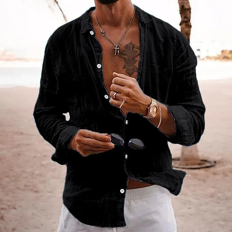 Men's Casual Solid Color Lapel Cotton Linen Long-Sleeved Shirt