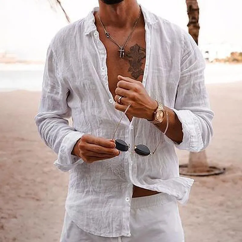 Men's Casual Solid Color Lapel Cotton Linen Long-Sleeved Shirt