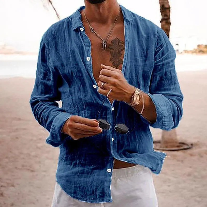 Men's Casual Solid Color Lapel Cotton Linen Long-Sleeved Shirt