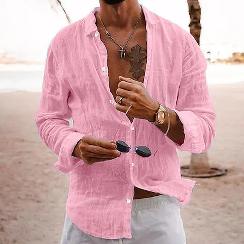 Men's Casual Solid Color Lapel Cotton Linen Long-Sleeved Shirt