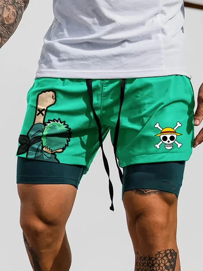 Men's Double Layer Anime Digital Print Beach Shorts