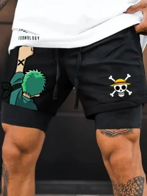 Men's Double Layer Anime Digital Print Beach Shorts