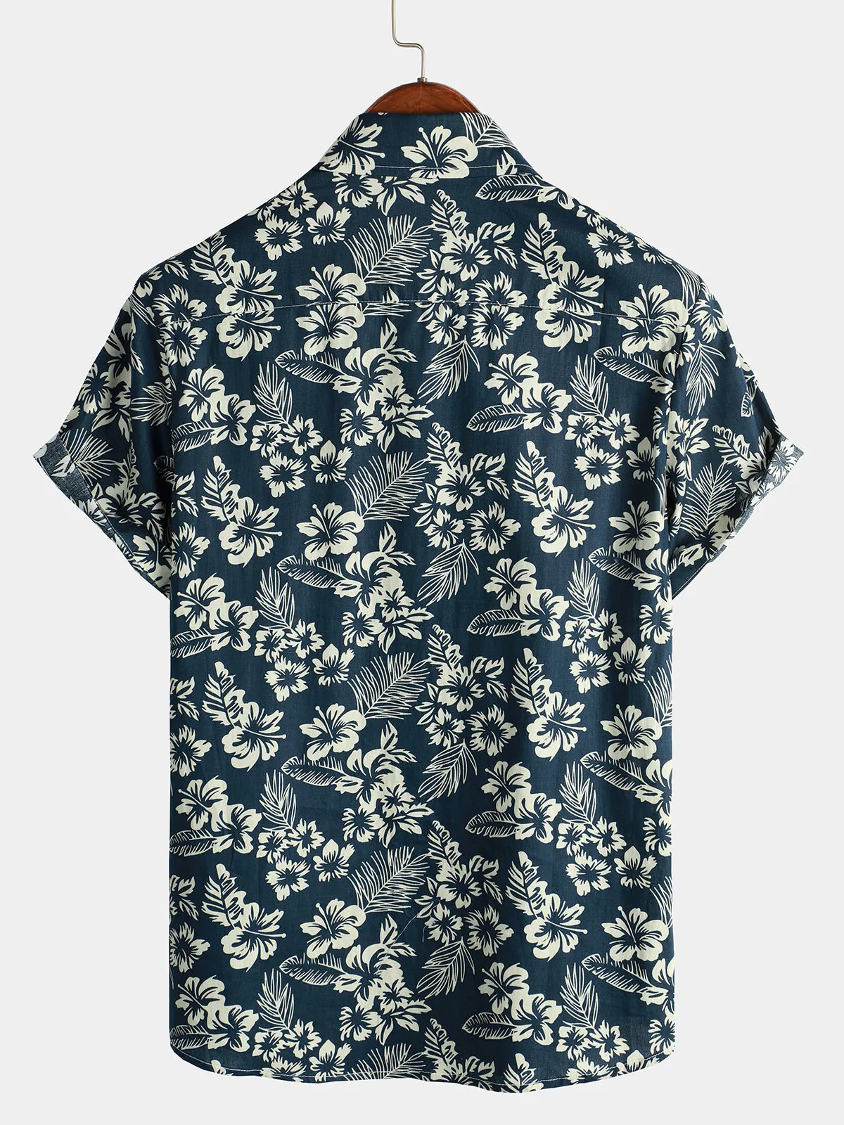 Men's Floral Print Vacation Cotton Breathable Navy Blue Hawaiian Short Sleeve Aloha Shirt