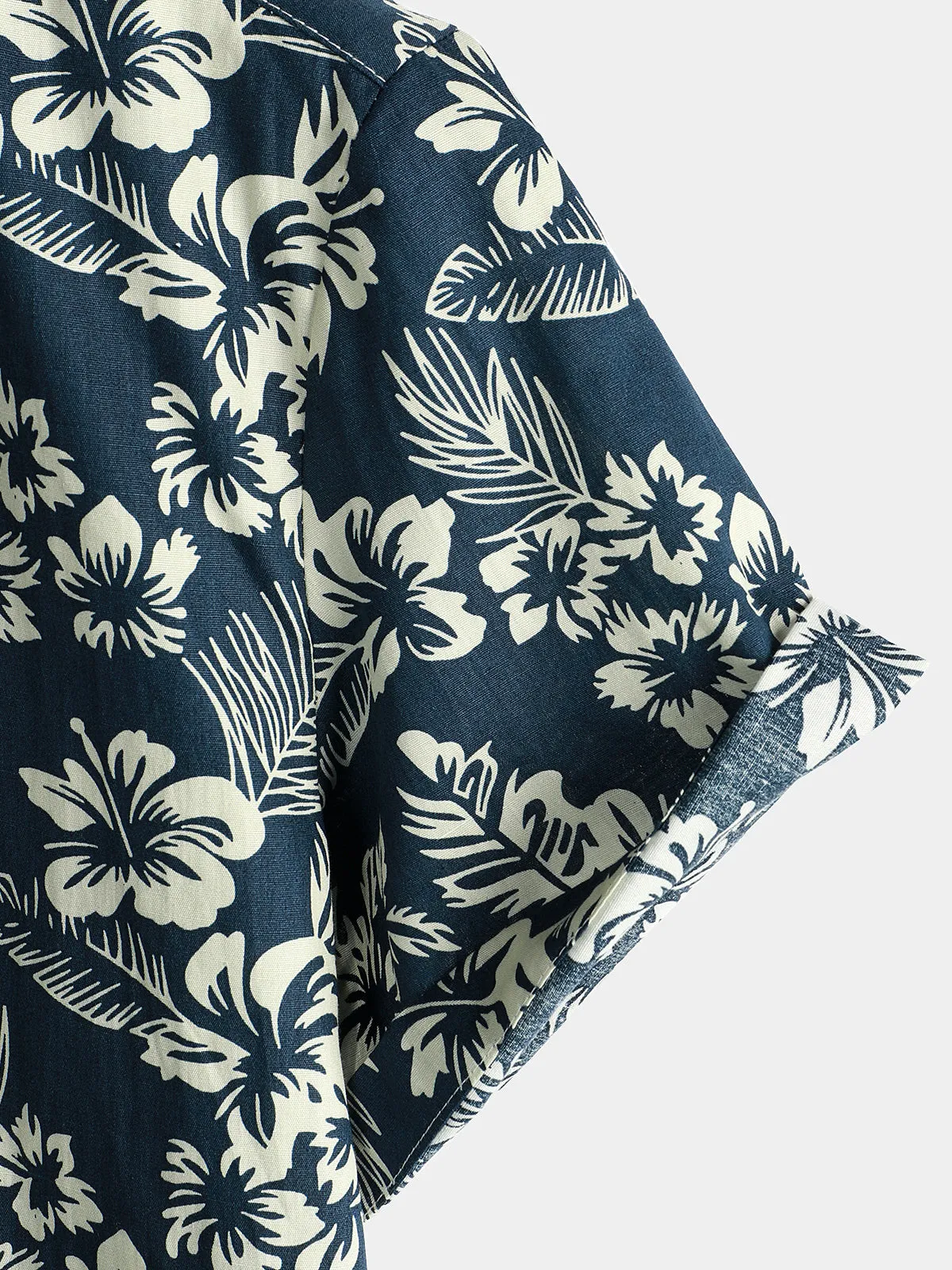 Men's Floral Print Vacation Cotton Breathable Navy Blue Hawaiian Short Sleeve Aloha Shirt