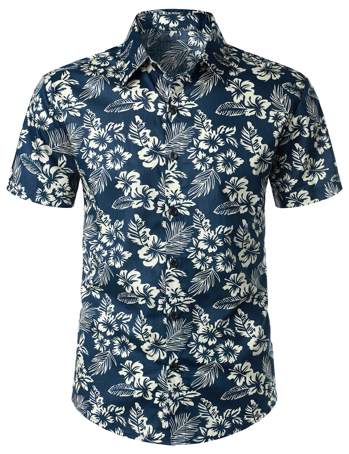 Men's Floral Print Vacation Cotton Breathable Navy Blue Hawaiian Short Sleeve Aloha Shirt