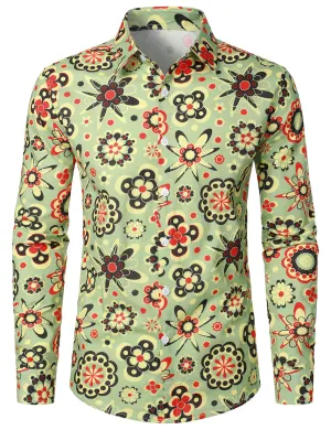 Men's Flower Print Cotton Vintage Long Sleeve Button Up Dress Shirt