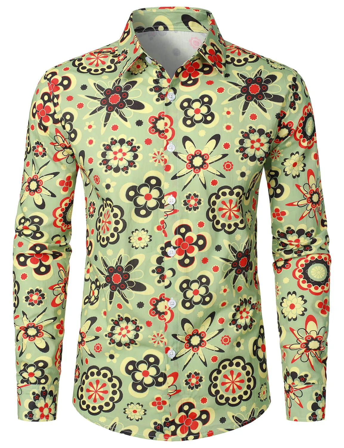 Men's Flower Print Cotton Vintage Long Sleeve Button Up Dress Shirt