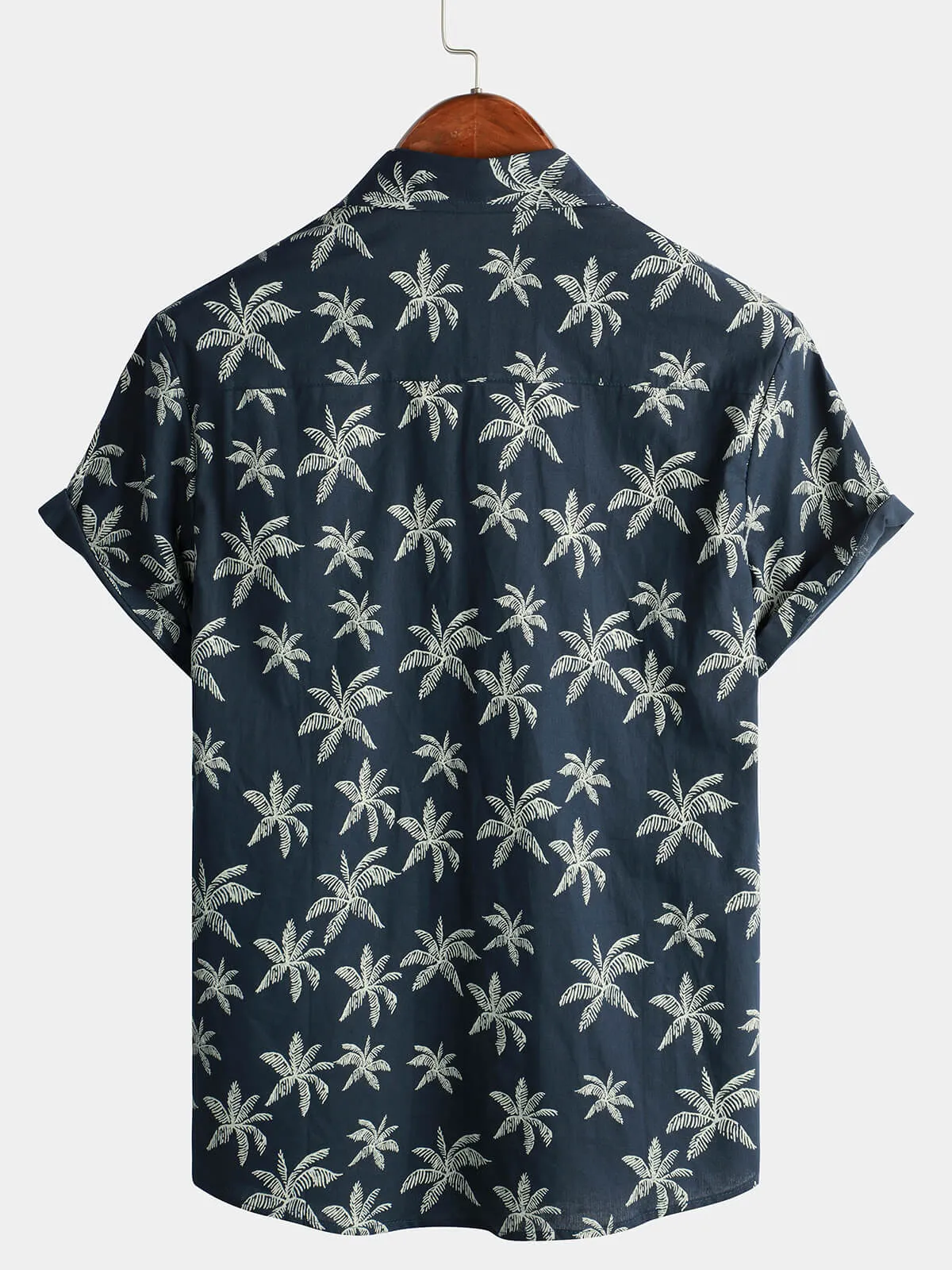 Men's Palm Tree Print Cotton Navy Blue Button Up Short Sleeve Hawaiian Shirt