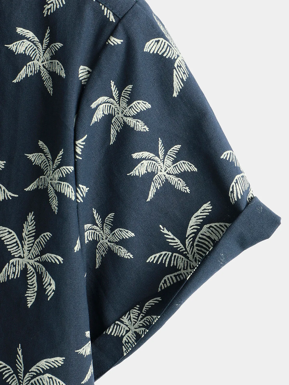 Men's Palm Tree Print Cotton Navy Blue Button Up Short Sleeve Hawaiian Shirt