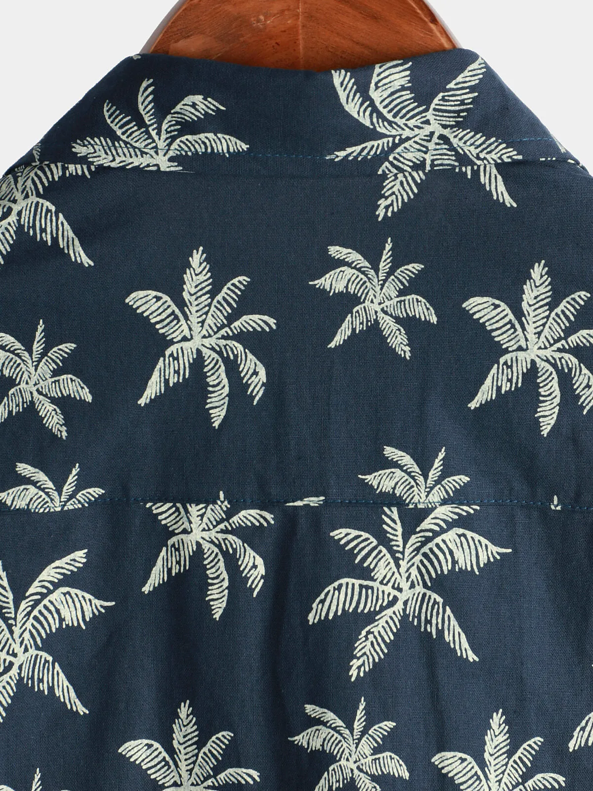 Men's Palm Tree Print Cotton Navy Blue Button Up Short Sleeve Hawaiian Shirt