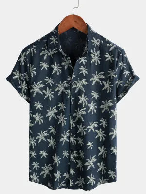 Men's Palm Tree Print Cotton Navy Blue Button Up Short Sleeve Hawaiian Shirt