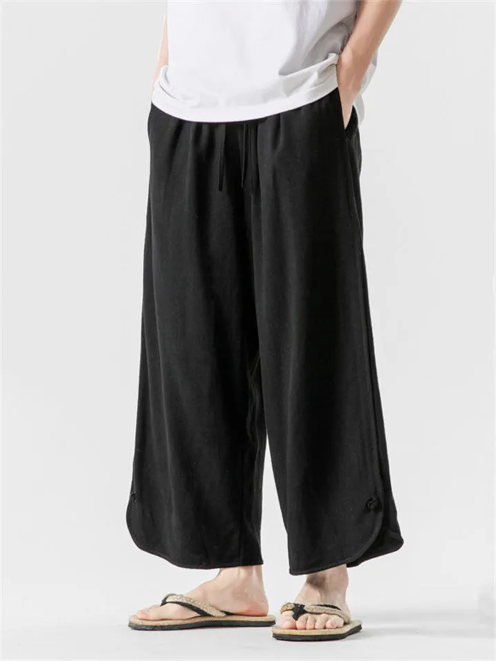 Men's Retro Simple Cotton Linen Drawstring Straight-Leg Pants