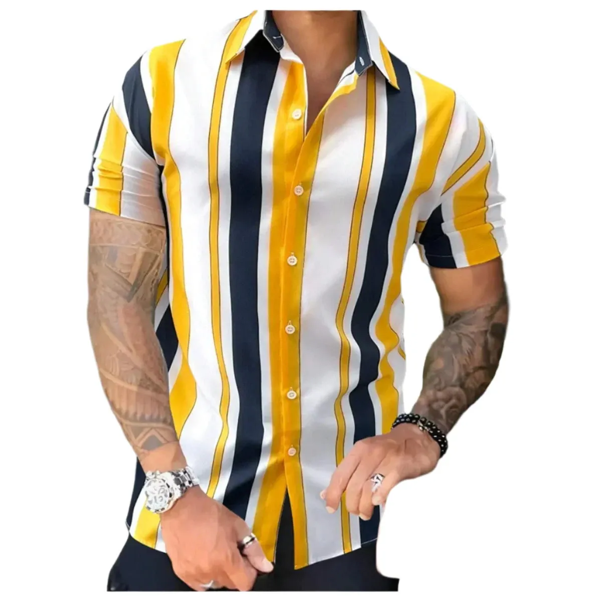 Men’s Short Sleeve Striped Patchwork Lapel Shirt – High-Quality Summer Fashion Hawaiian Streetwear