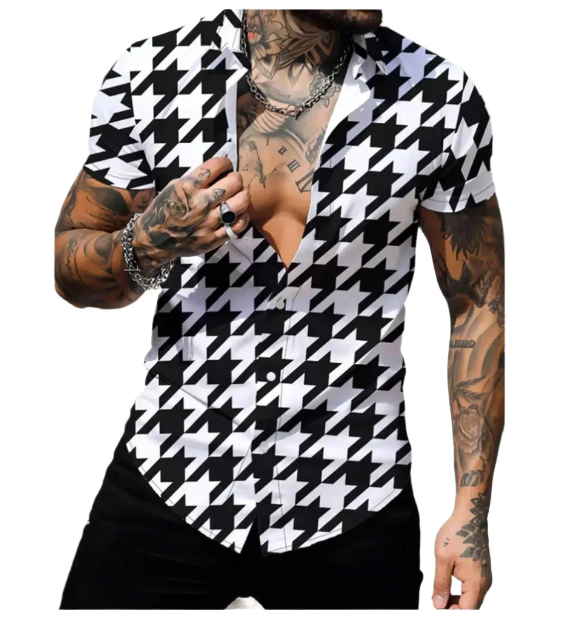 Men’s Short Sleeve Striped Patchwork Lapel Shirt – High-Quality Summer Fashion Hawaiian Streetwear