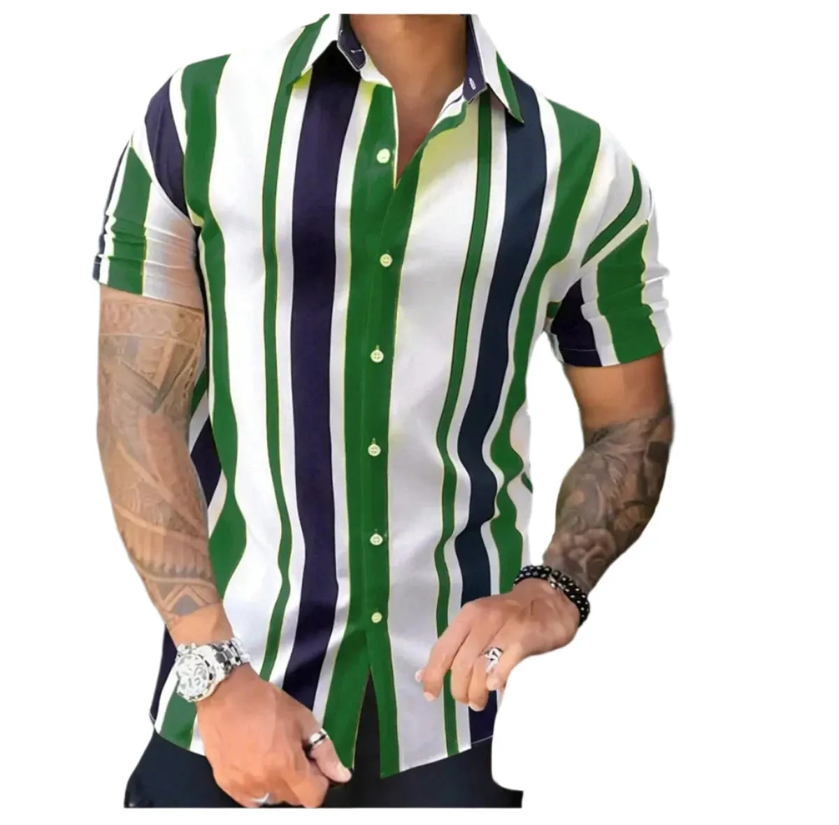 Men’s Short Sleeve Striped Patchwork Lapel Shirt – High-Quality Summer Fashion Hawaiian Streetwear