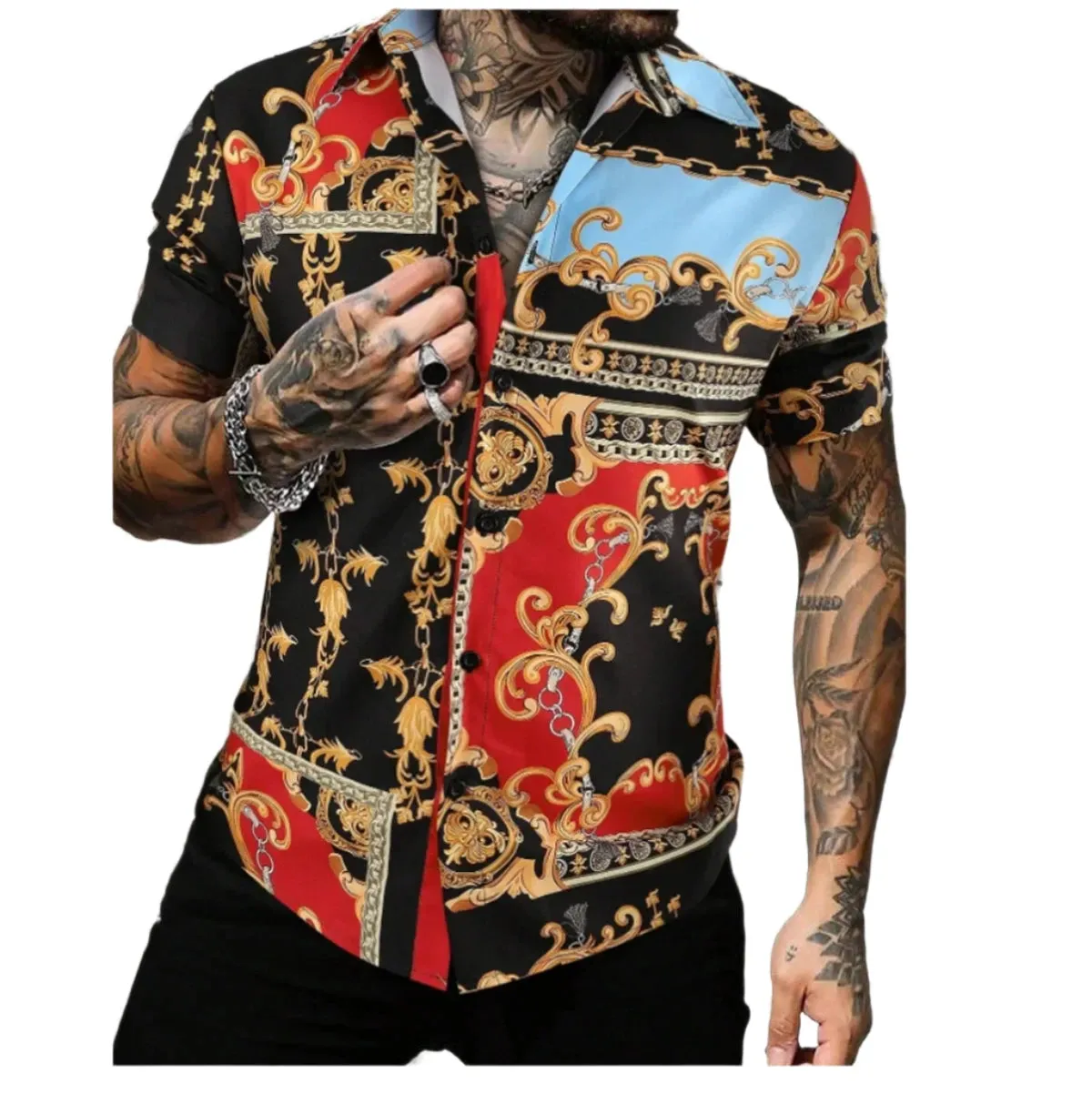 Men’s Short Sleeve Striped Patchwork Lapel Shirt – High-Quality Summer Fashion Hawaiian Streetwear