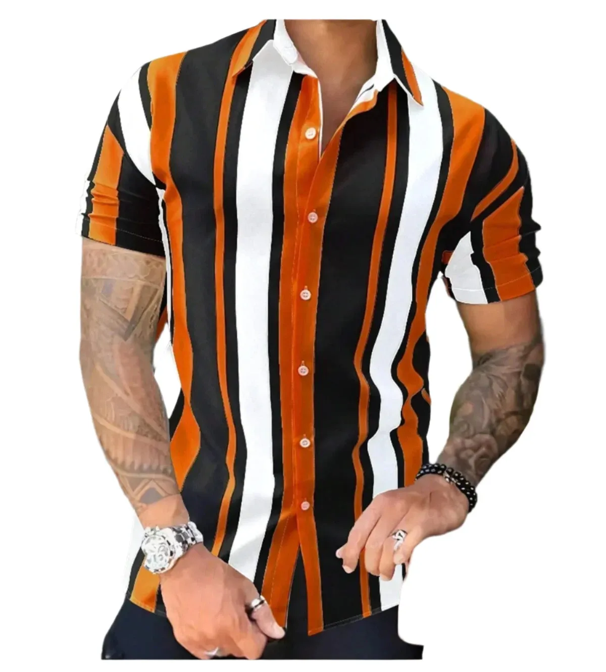 Men’s Short Sleeve Striped Patchwork Lapel Shirt – High-Quality Summer Fashion Hawaiian Streetwear