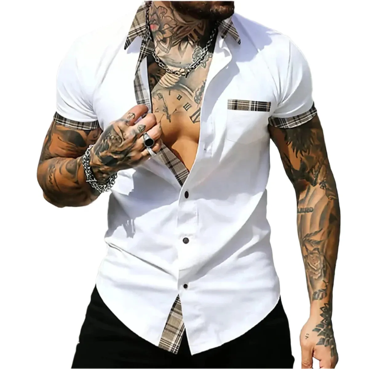 Men’s Short Sleeve Striped Patchwork Lapel Shirt – High-Quality Summer Fashion Hawaiian Streetwear