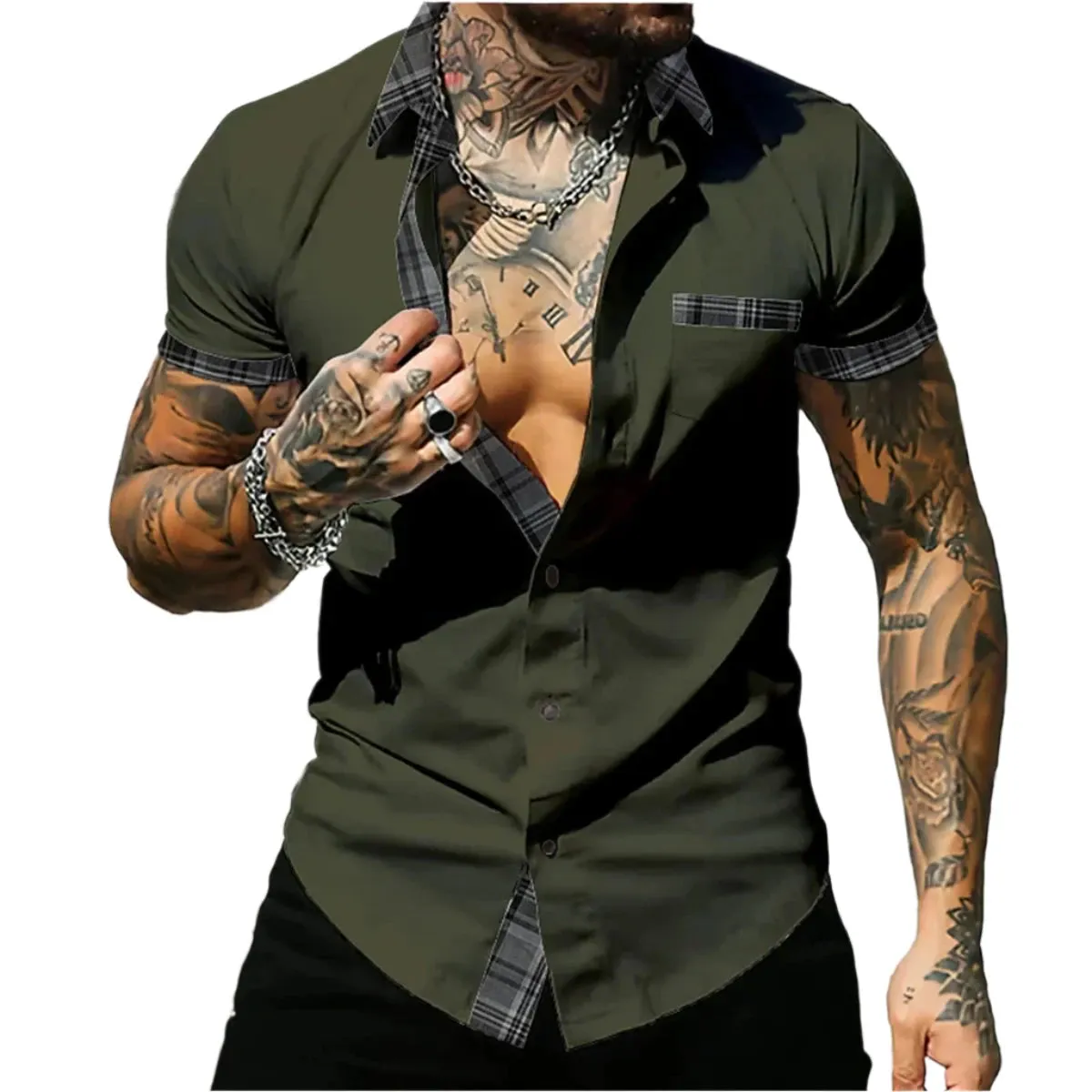 Men’s Short Sleeve Striped Patchwork Lapel Shirt – High-Quality Summer Fashion Hawaiian Streetwear