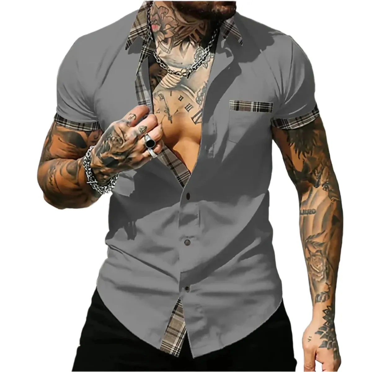 Men’s Short Sleeve Striped Patchwork Lapel Shirt – High-Quality Summer Fashion Hawaiian Streetwear