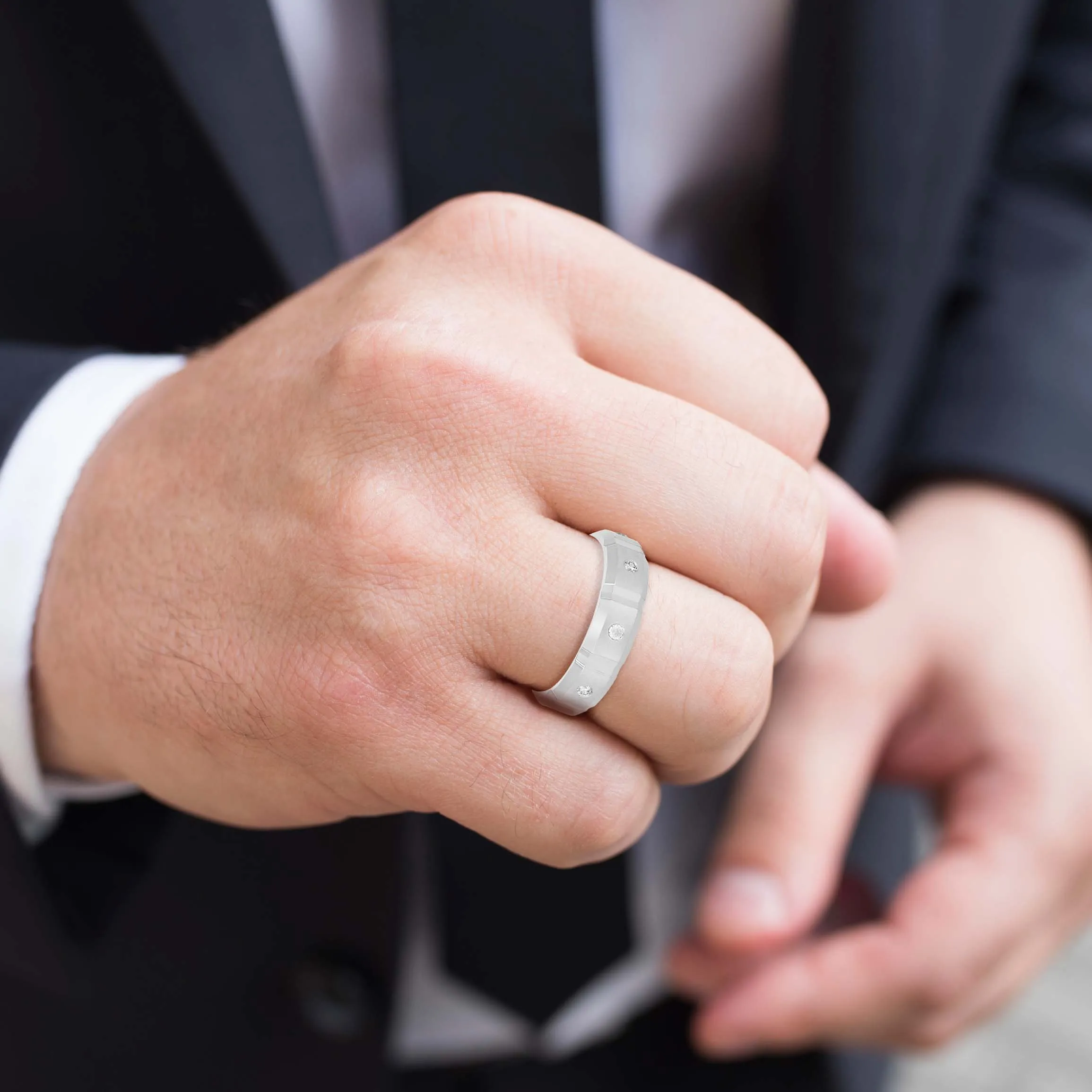 Men's Squared Accented Diamond Wedding Band With Beveled Edges