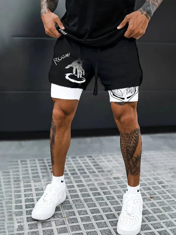 Men's Trend Anime Double Layer Digital Print Beach Shorts