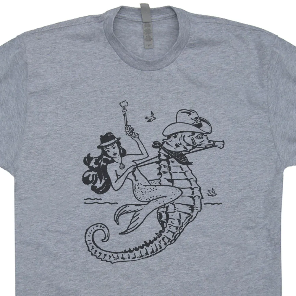 Mermaid T Shirt Cowgirl Mermaid Riding Seahorse Shirt Vintage Mermaid Graphic Shirt