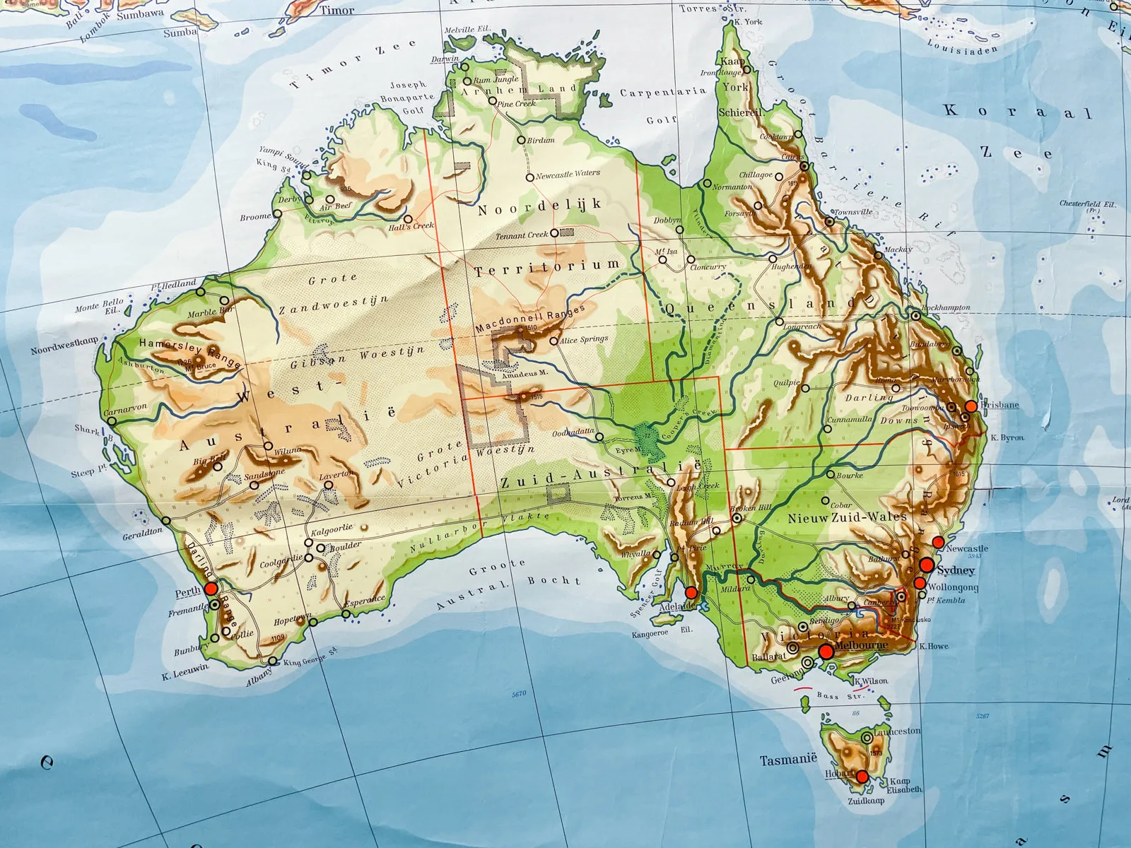 Mid-Century Dutch Topographical Wall Map of Australia and Oceania on Linen