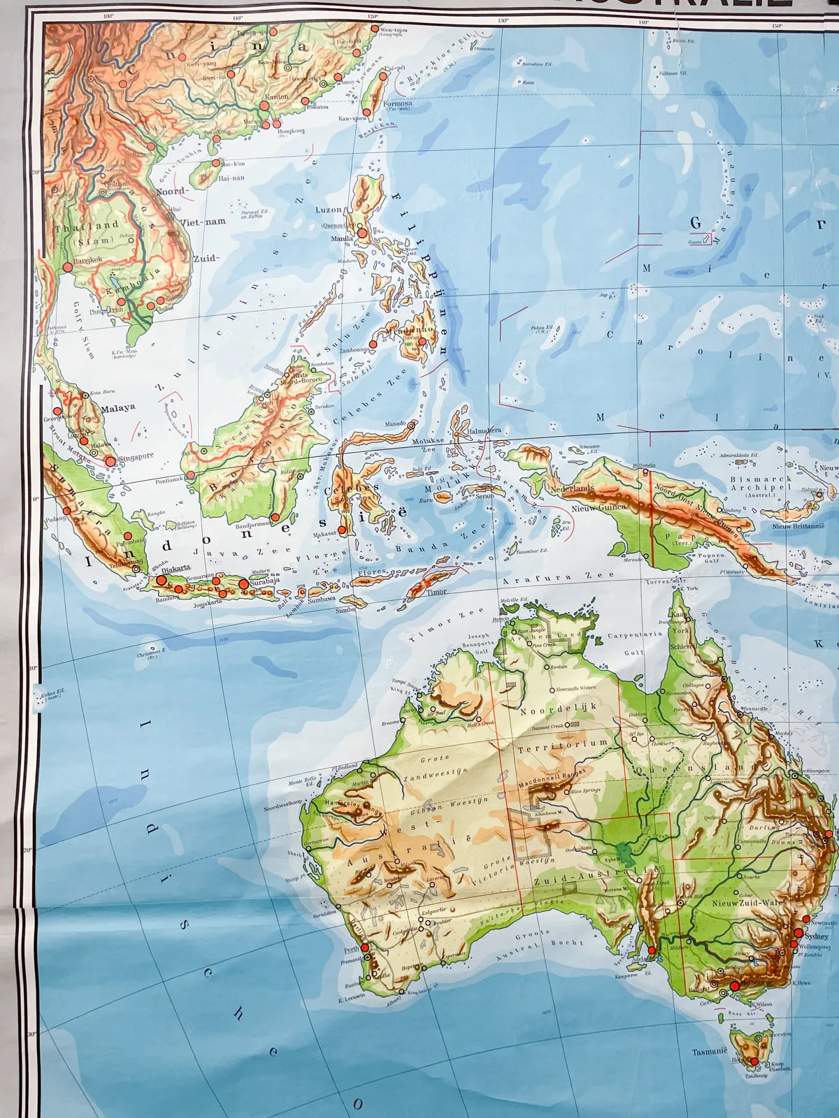 Mid-Century Dutch Topographical Wall Map of Australia and Oceania on Linen