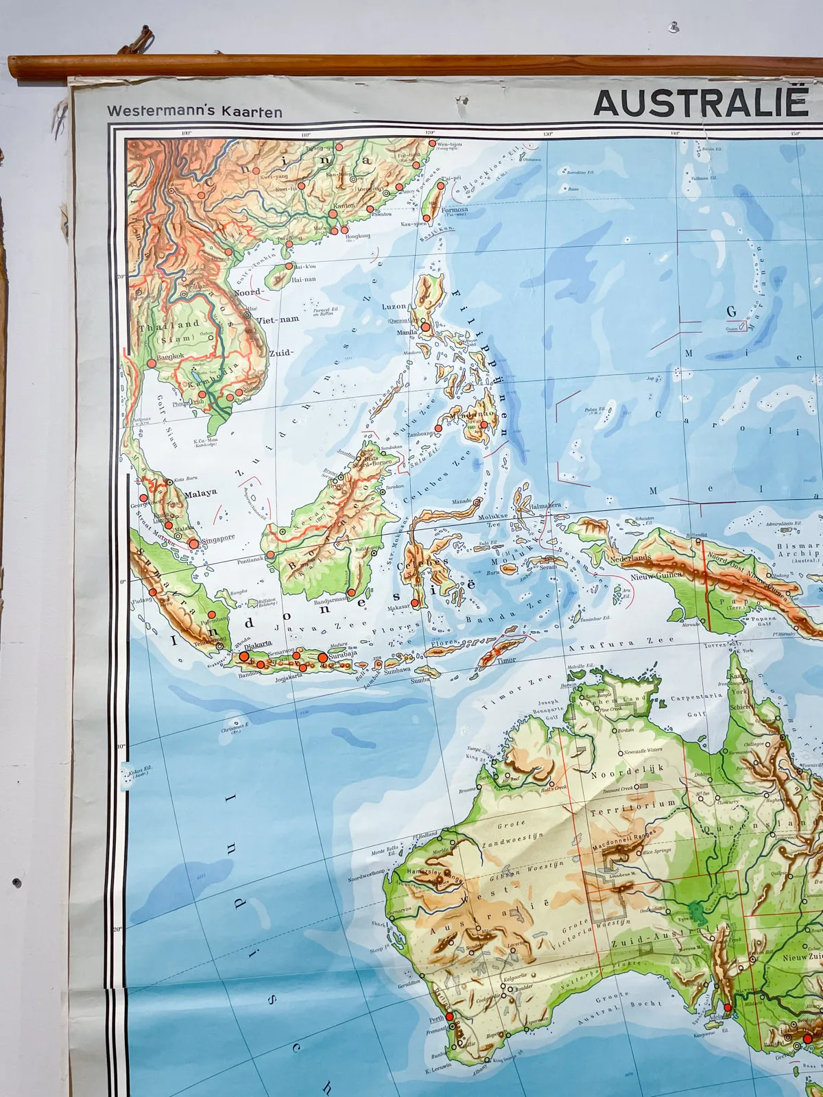 Mid-Century Dutch Topographical Wall Map of Australia and Oceania on Linen